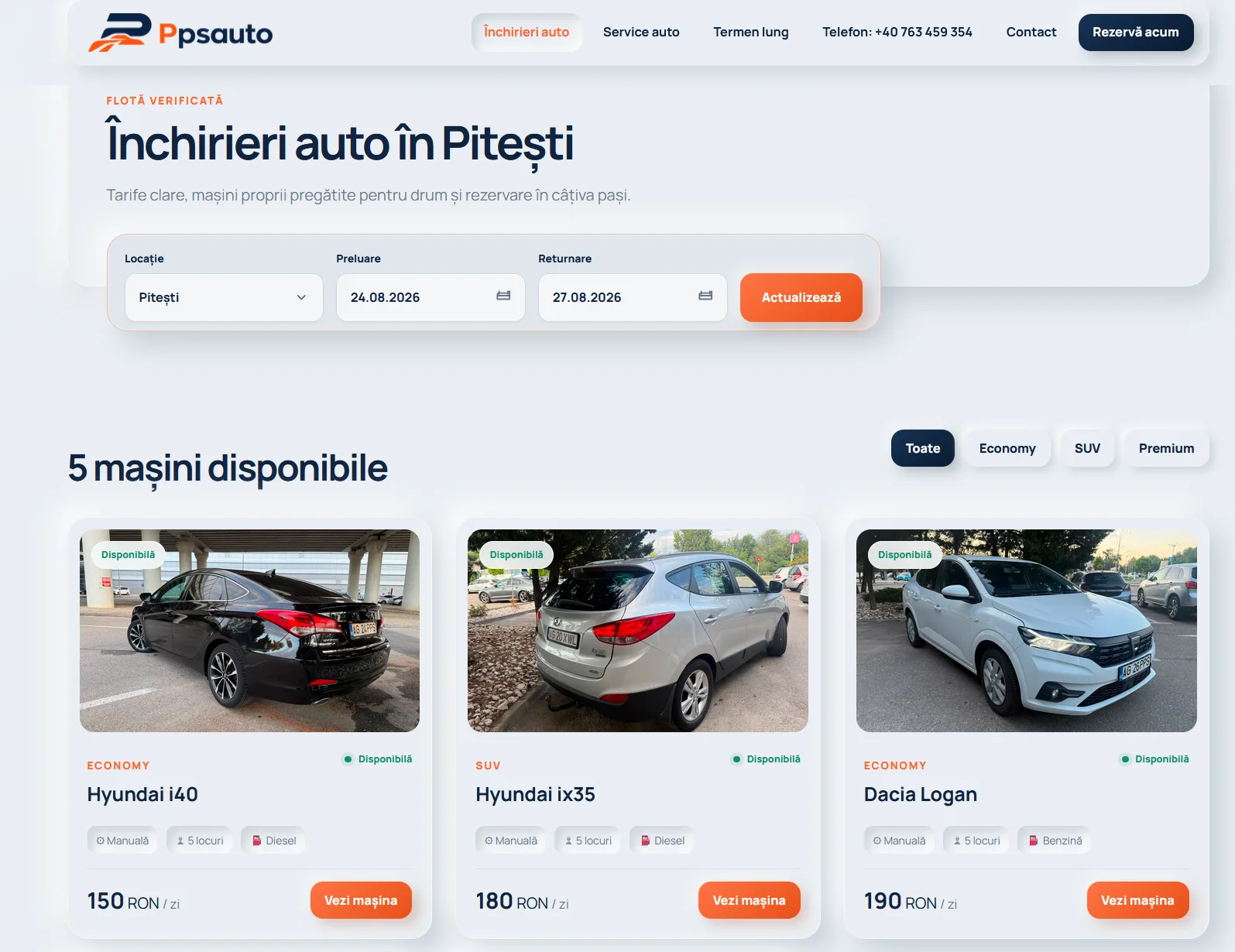 Listare flotă și disponibilitate în platforma PPS Auto